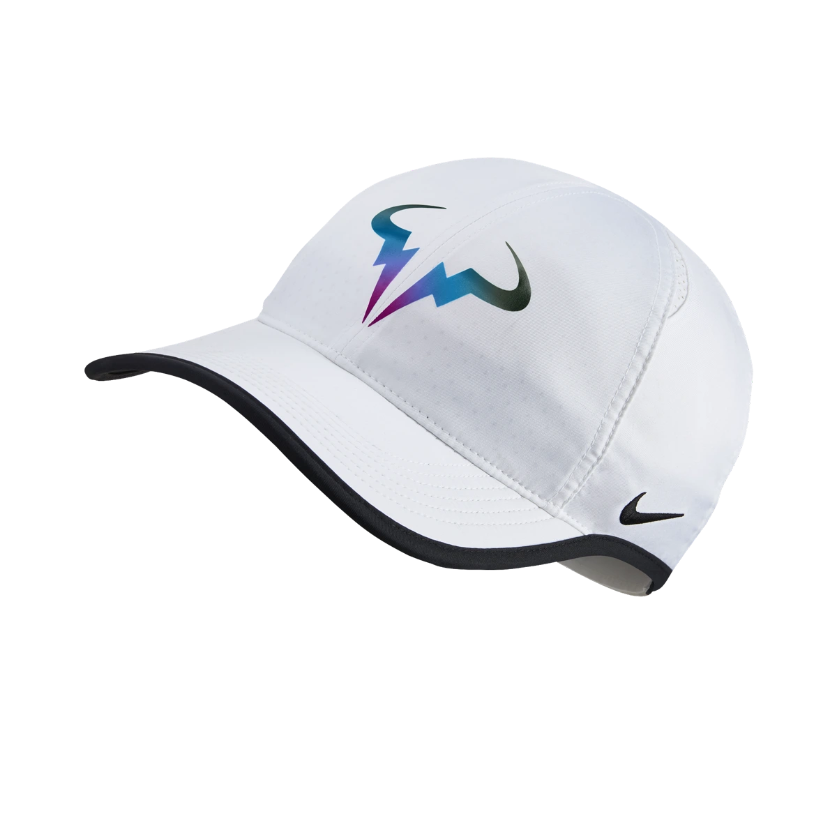 Nike Rafa Iridescent Featherlight hat in White w/Black & Rainbow Foil [835535-100] from the Fall 2016 tennis collection
